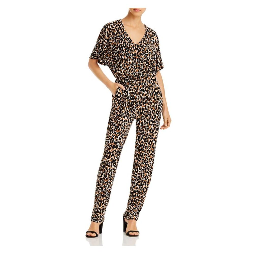 LEOTA Womens Brown Stretch Short Sleeve V Neck Evening Straight leg Jumpsuit XS